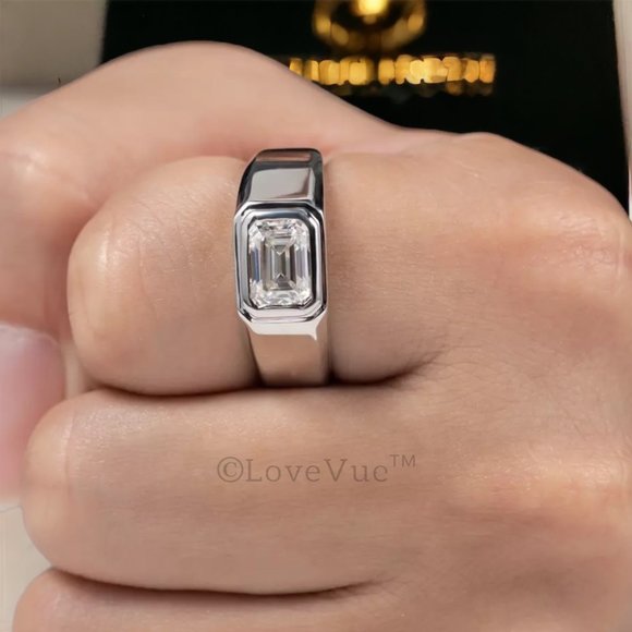 Certified 2ct. t.w. Emerald Cut Diamond Moissanite Unisex Wedding Ring VVS1 - Picture 8 of 16